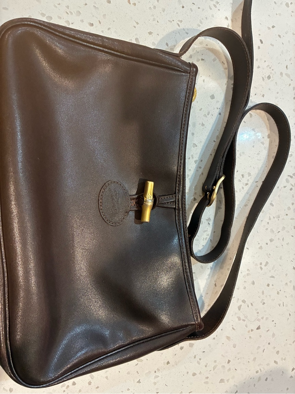 Longchamp Dark Brown Leather Shoulder Bag with Gold Tone Toggle